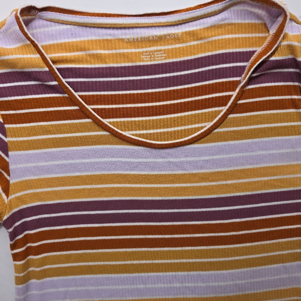 Boho American Eagle Striped Ribbed Crop Top Mustard Plum Meduim